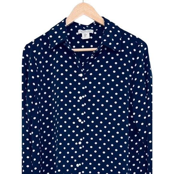 Rachel Zoe Medium Navy w White Polka Dots Stretchy Button Up Blouse Shirt - Picture 5 of 6